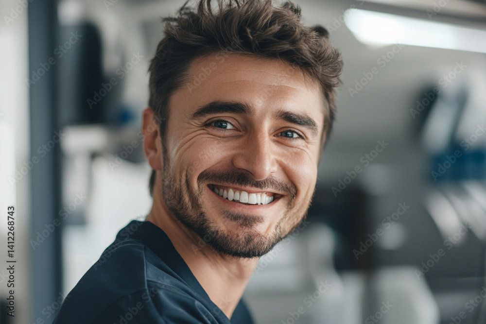 Obraz premium Happy man smiling broadly showing white teeth in a gym setting