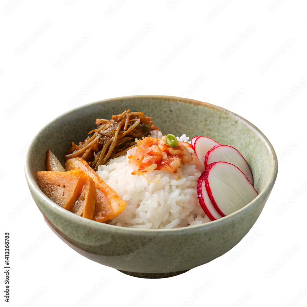 Rice bowl set with white radish pickled katsuo dried fish and kimchi Korean Japanese Thai style Rice bowl set with white radish pickled katsuo dried fish and kimchi Korean Japanese Thai style