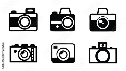 This set features retro and vintage camera icons, a design illustrating old photography equipment with lenses and flash symbols, camera icons set