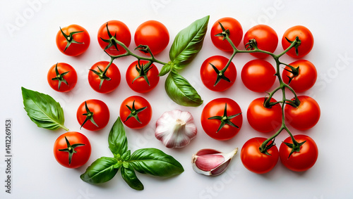 Fresh ingredients of cherry tomatoes basil and garlic