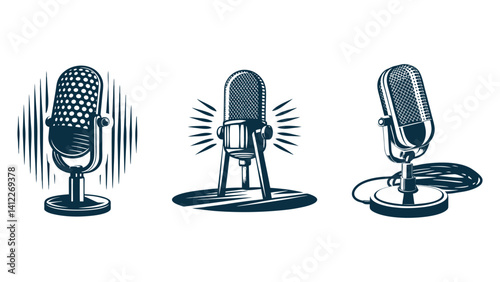 Retro microphone icons, isolated for music and broadcast, set of microphone icons, retro microphone vector illustration