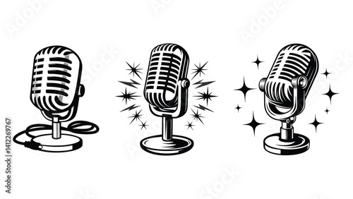 Retro microphone icons, isolated for music and broadcast, set of microphone icons, retro microphone vector illustration