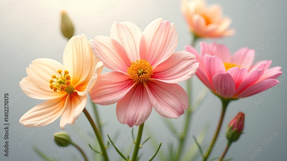 Naklejka premium Delicate cosmos flowers in soft pastel shades with a vibrant yellow center.