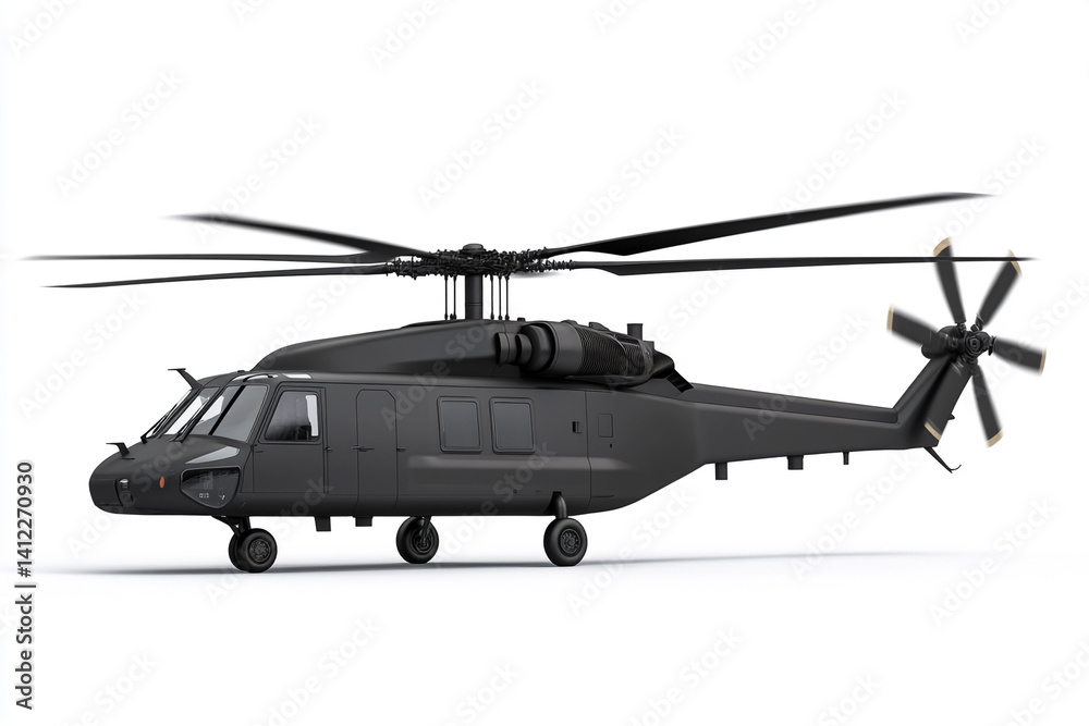 Black military helicopter on white background powerful aircraft rotor blades spinning fast Black military helicopter on white background powerful aircraft rotor blades spinning fast