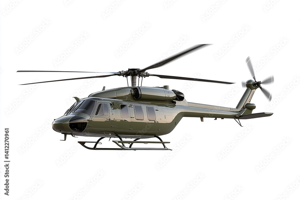 Fototapeta premium Military helicopter in flight green aircraft rotor blades aerial vehicle transportation