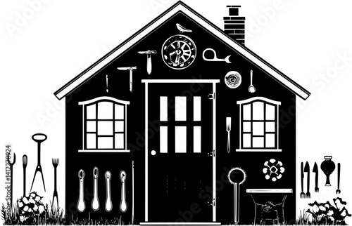 Silhouette of Farmhouse style Tool shed design, Farmhouse style Tool shed vector image