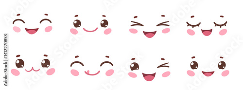 Vector illustration of kawaii faces with happy, winking, smiling and cute expressions