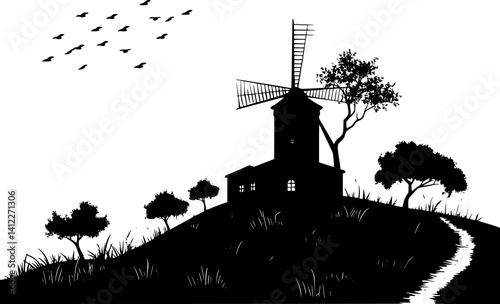 Silhouette of Mediterranean style Olive mill design, Mediterranean style Olive mill vector image