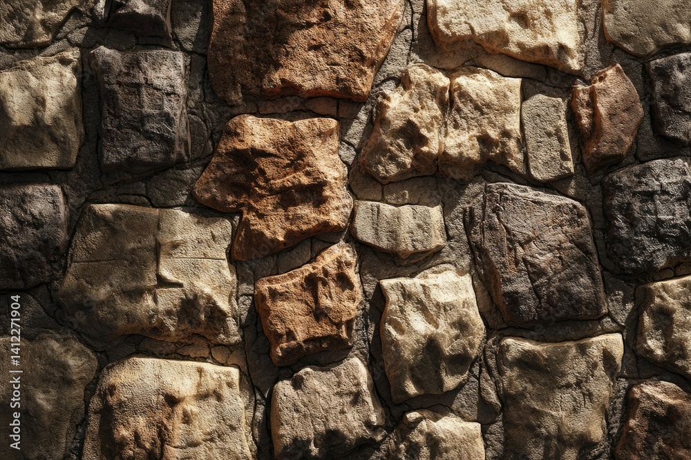 Fototapeta premium Rustic Stone Wall: Textured Earth Tones in a Sunlit Setting