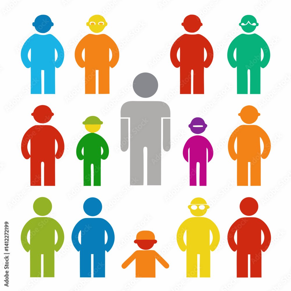 A diverse group of colorful people standing together representing unity and inclusion in a simple, flat icon style. A diverse group of colorful people standing together representing unity and inclusion in a simple, flat icon style.