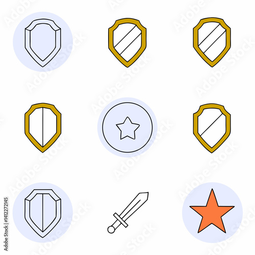 A collection of valiant shields and a mighty sword, symbols of protection and courage, depicted with clean lines and soft pastel circles.
