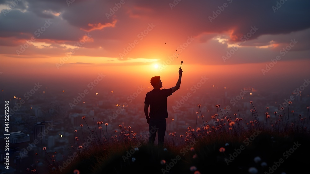 Fototapeta premium Silhouette of a man holding a dandelion atop a hill at sunset overlooking city below
