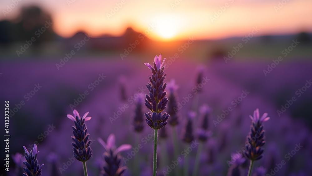 Obraz premium Sunset over Lavender Field: Aromatic Purple Blooms in a Tranquil Summer Landscape 