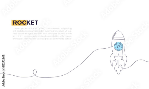 Continuous line drawing of simple rocket flying up to the outer space nebula