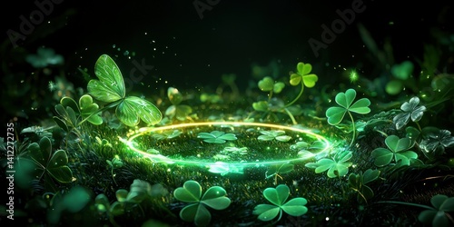 A magical green landscape featuring shimmering butterflies and clovers.