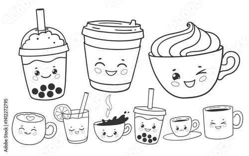 Vector line art illustration of cute coffee, tea, juice and bubble tea cups with kawaii faces