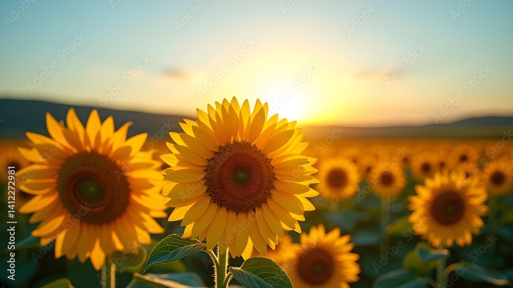 Fototapeta premium Sunflowers field during sunset. Rural landscape with blooming sunflowers in summer