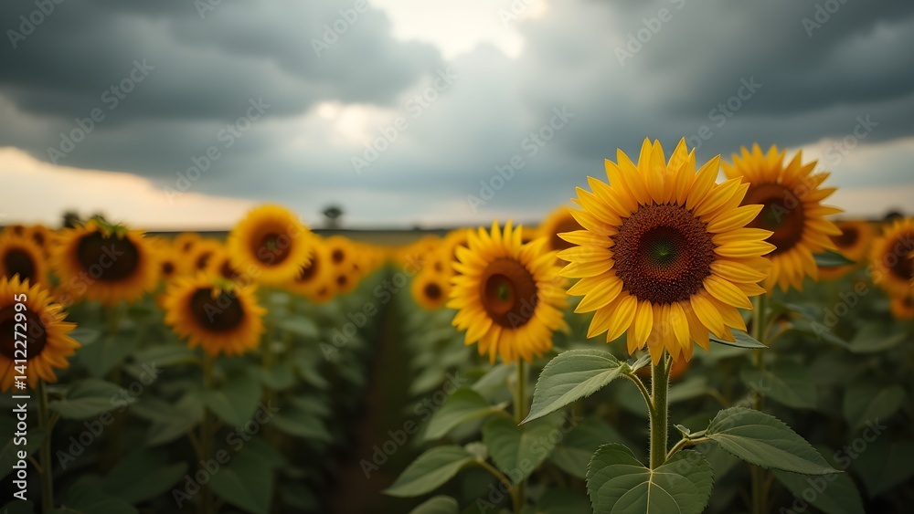 Fototapeta premium Scenic Sunflower Field under Stormy Sky: Agricultural landscape with rows of yellow sunflowers in full bloom.