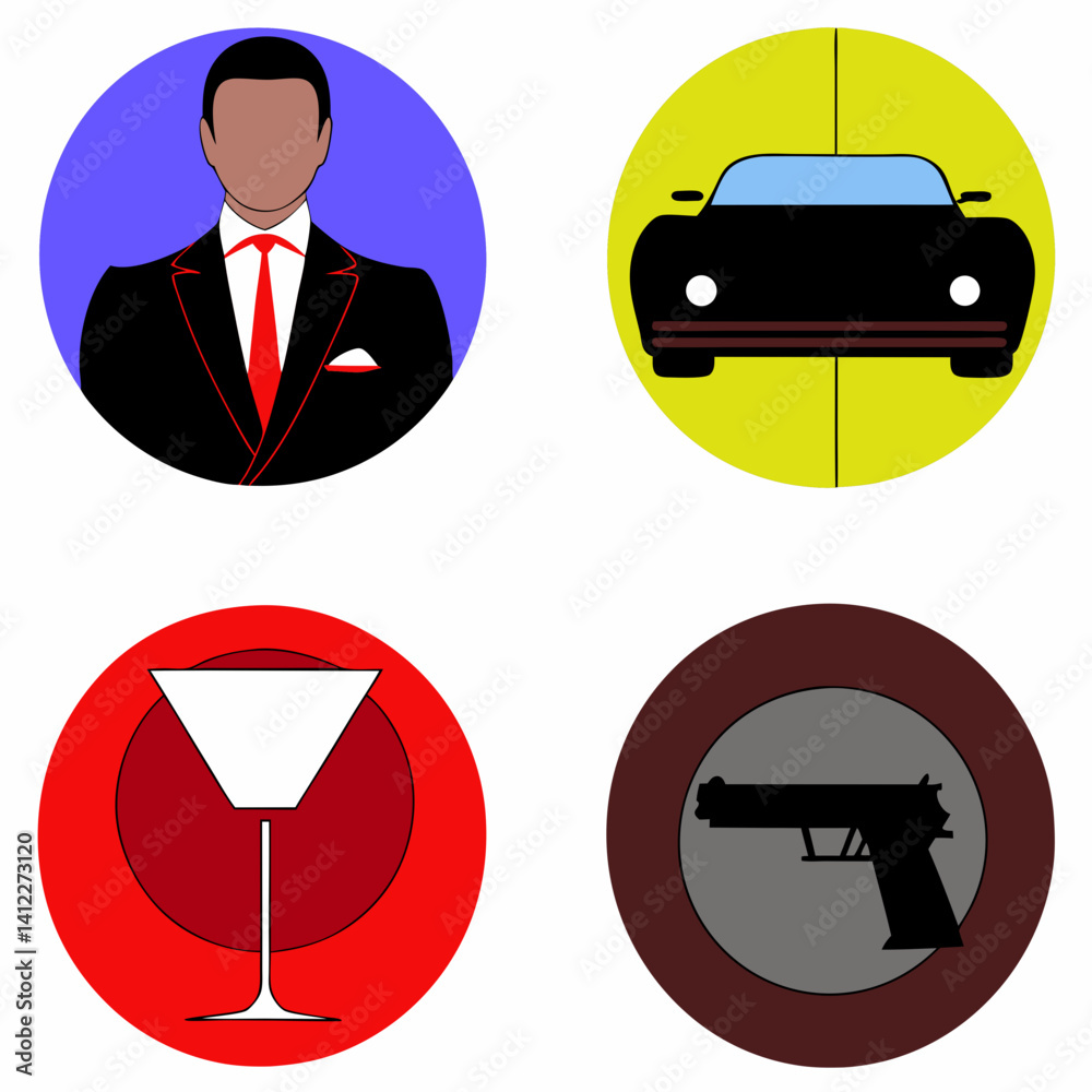 A suave agent's sophisticated life: martini, fast car, and a hint of danger, depicted in bold circular icons.