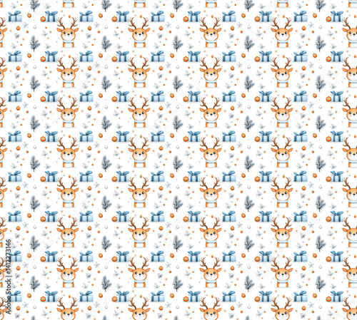 Cute cartoon,Vector seamless pattern with Christmas, Xmas ,snow ,new year,gift,flat style,background , clothing , decorations.