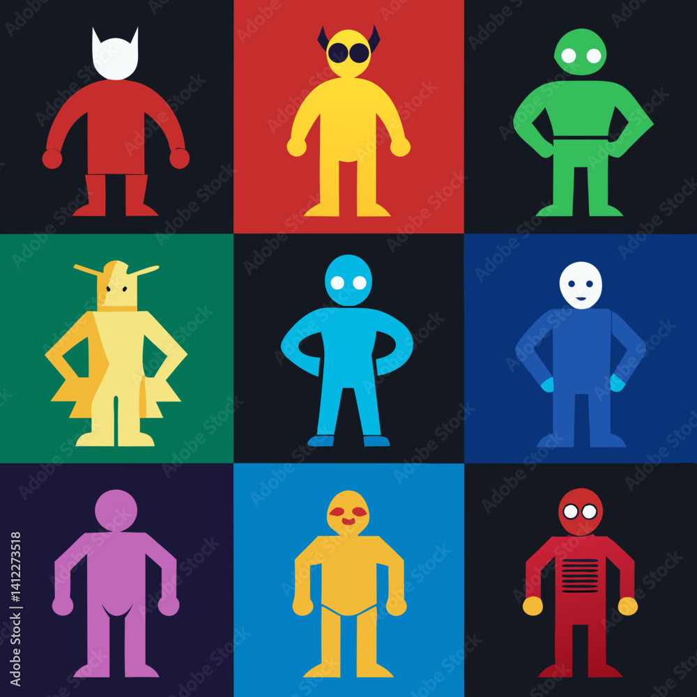 A vibrant collection of playful, colorful characters, each with unique features and personalities, displayed in a bold, graphic style with a grid layout. A vibrant collection of playful, colorful characters, each with unique features and personalities, displayed in a bold, graphic style with a grid layout.