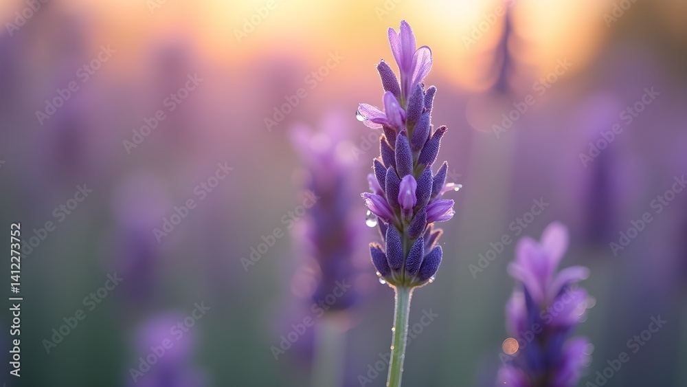 Obraz premium Close-Up of Lavender Flower with Dew Drops in Field at Sunset