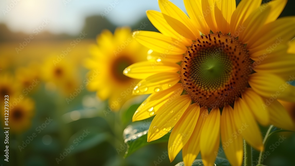 Fototapeta premium Golden Sunflowers in a Sunny Field: Close-up of Blooms with Water Droplets, a Vibrant Summer Landscape