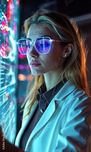 Young woman in lab coat interacting with digital interface displaying vibrant data visuals