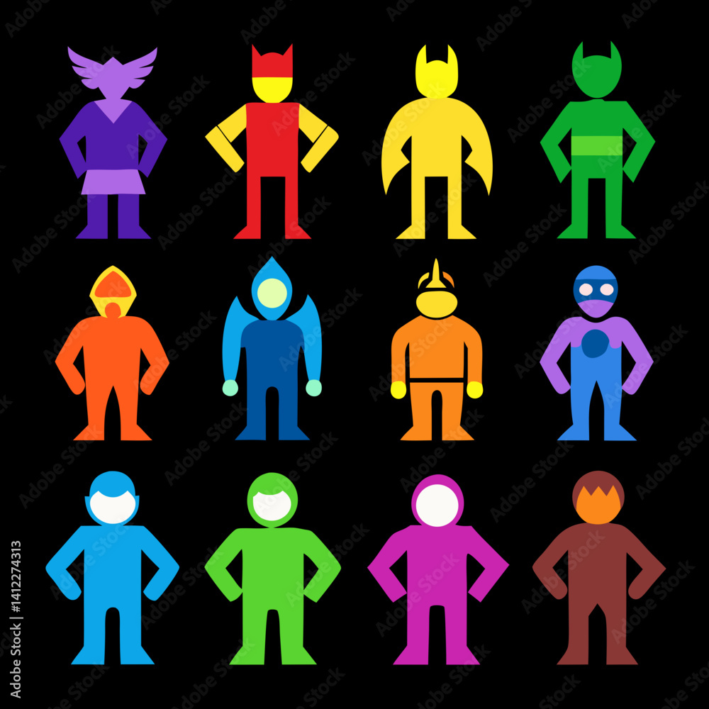 A vibrant team of colorful superhero icons, boldly standing against a stark black background, showcasing their unique powers and diverse personalities in a minimalist, flat design. A vibrant team of colorful superhero icons, boldly standing against a stark black background, showcasing their unique powers and diverse personalities in a minimalist, flat design.