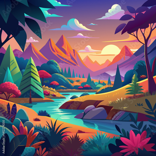 A vibrant sunset paints a whimsical mountain valley landscape with a tranquil river flowing through lush, colorful vegetation, showcasing bold geometric shapes and saturated hues.