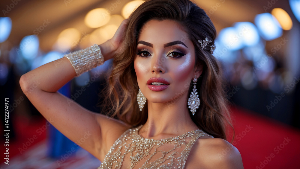 Fototapeta premium Glamorous model shines on red carpet in sparkly dress