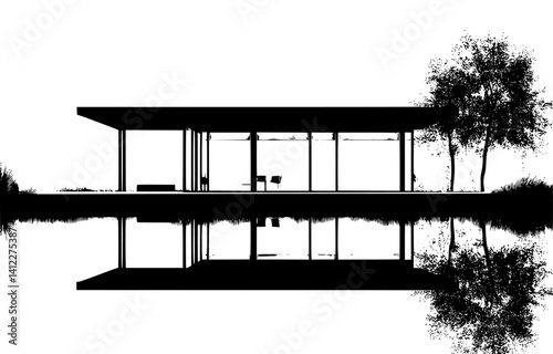 Silhouette of Contemporary style Visitor center design, Contemporary style Visitor center vector illustration