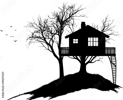 Silhouette of Craftsman style Treehouse design, Craftsman style Treehouse vector illustration