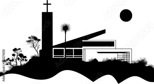 Silhouette of Mid-Century Modern style House design, Mid-Century Modern style House vector illustration