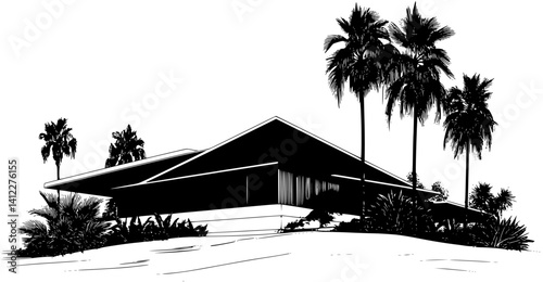 Silhouette of Mid-Century Modern style House design, Mid-Century Modern style House vector illustration