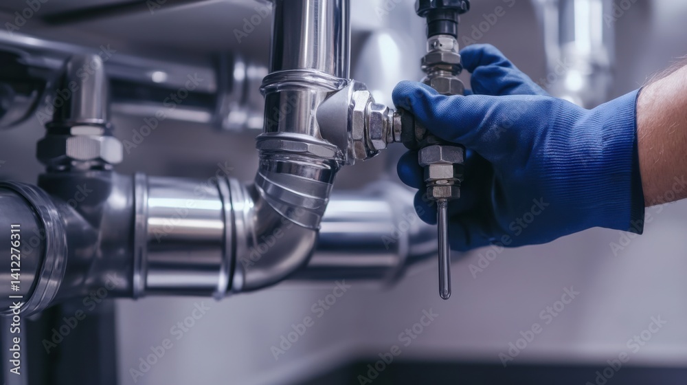 Plumber cleaning drain pipes in a commercial kitchen. Featuring plumbing maintenance and cleaning Plumber cleaning drain pipes in a commercial kitchen. Featuring plumbing maintenance and cleaning
