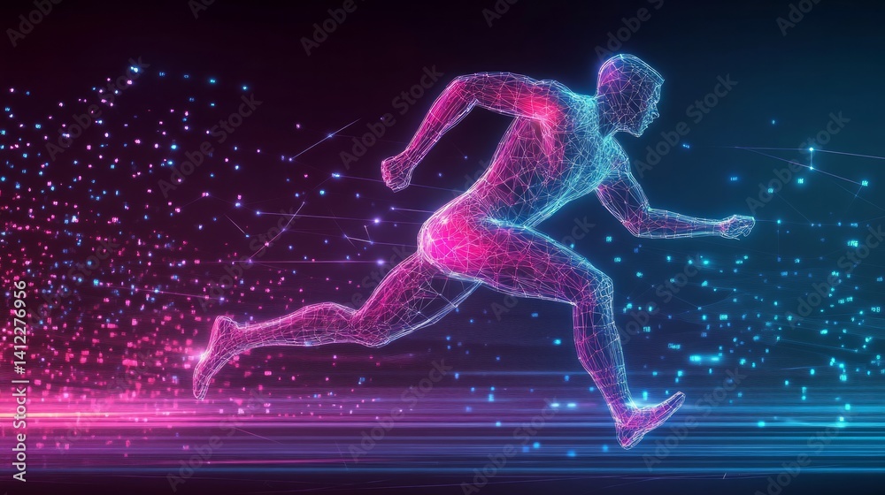 Human running man athlete with digital wireframe neon light background Human running man athlete with digital wireframe neon light background