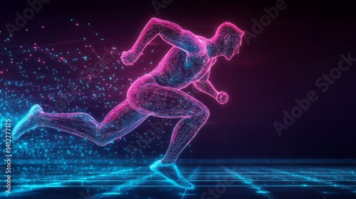 Human running man athlete with digital wireframe neon light background