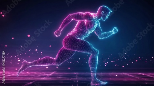 Human running man athlete with digital wireframe neon light background