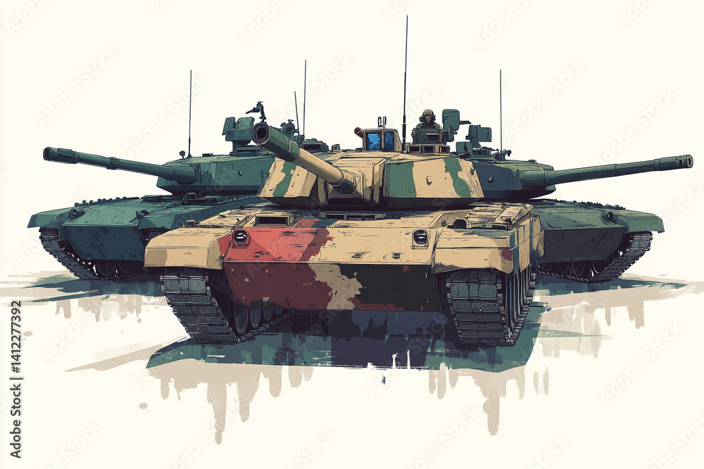 Modern military tanks powerful weapons of war ready for action soldiers in turret Modern military tanks powerful weapons of war ready for action soldiers in turret