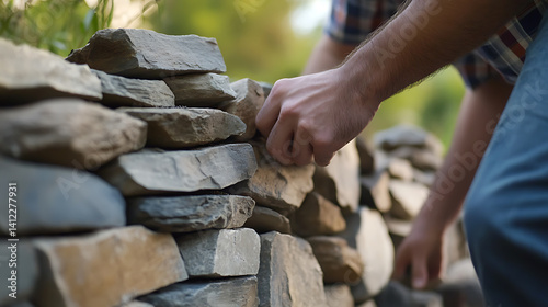 Mason placing stones in a decorative garden wall. Featuring stone masonry