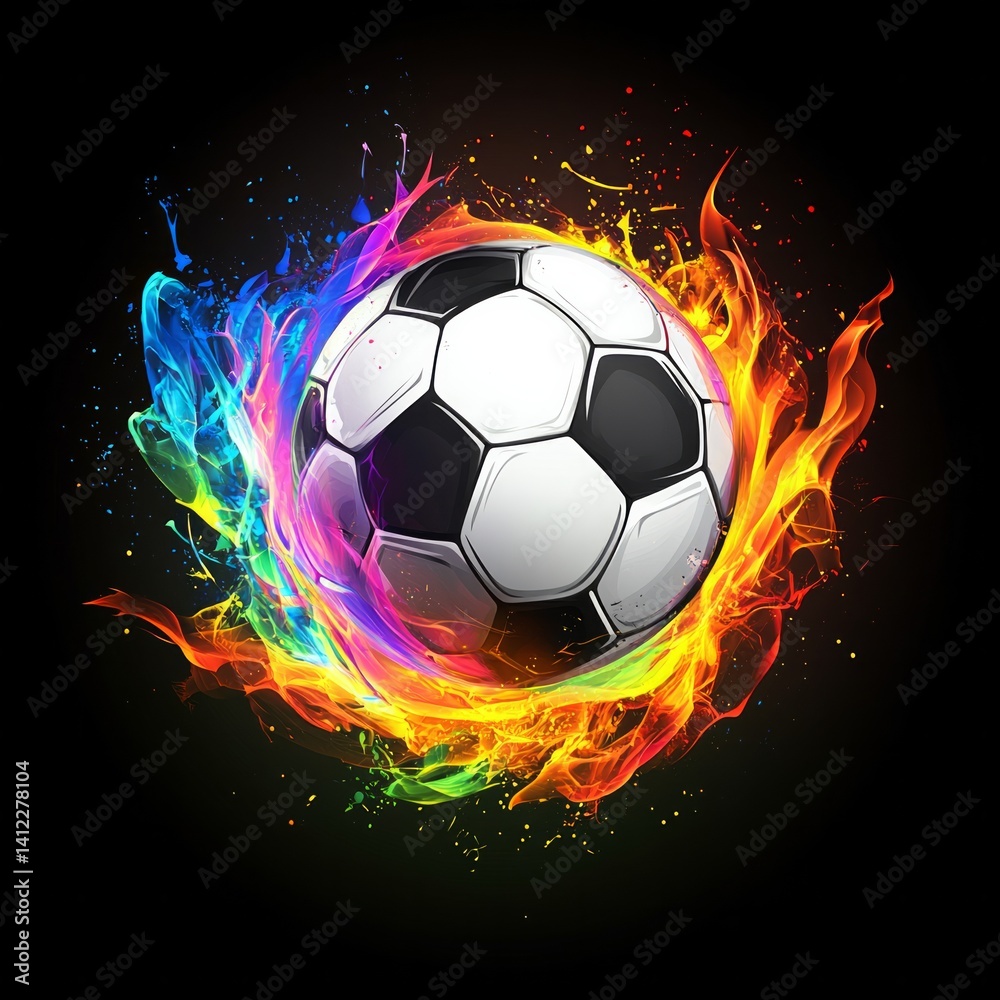 Naklejka premium Black and white soccer ball with colorful fires around it, black background