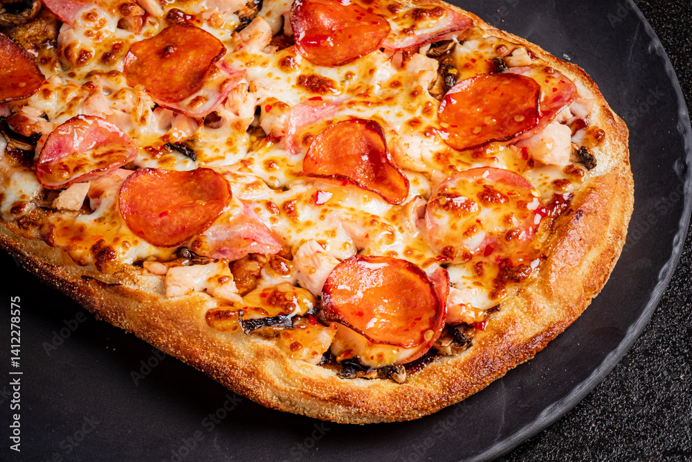 Melted cheese and savory toppings create an appetizing view of a freshly baked pizza ready to enjoy Melted cheese and savory toppings create an appetizing view of a freshly baked pizza ready to enjoy