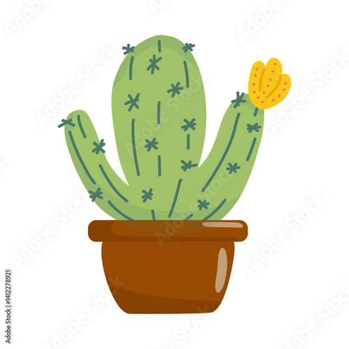Cute hand-drawn potted cacti with flowers. A collection of cute hand-drawn cacti in pots with yellow flowers. Perfect for design, decoration, and print projects.
