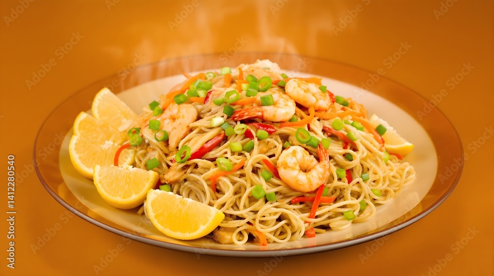 Delicious stir-fried noodles mixed with shrimp and colorful vegetables garnished with fresh lemon wedges, perfect for Asian food menus and restaurant advertisements Delicious stir-fried noodles mixed with shrimp and colorful vegetables garnished with fresh lemon wedges, perfect for Asian food menus and restaurant advertisements