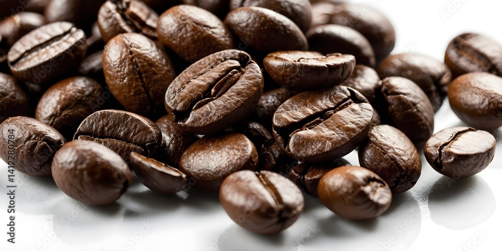 Fototapeta premium Aromatic roasted brown coffee beans in a detailed close-up showcasing rich texture, ideal for coffee product packaging and cafe promotions
