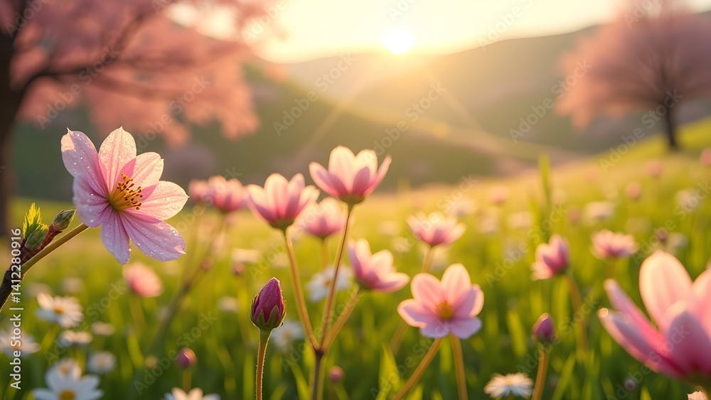 Fototapeta premium Pink Cosmos Flowers Blooming in a Meadow at Sunrise