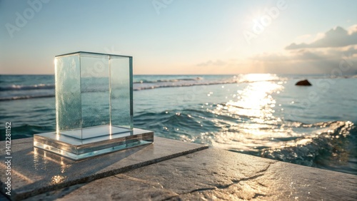Empty crystal podium on a serene ocean, perfect for minimalist product photography.