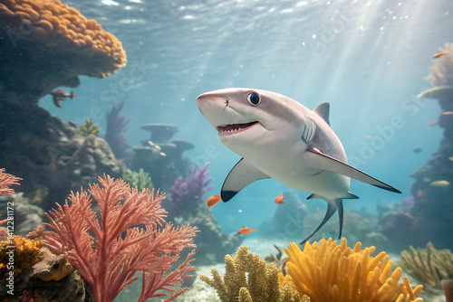 Marine Life Scene Featuring Group of Swimming Sharks