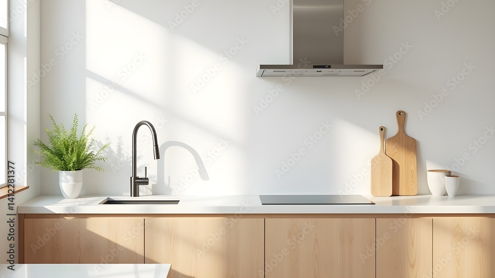 Fototapeta premium Bright Kitchen Interior with Light Wood Cabinets, Stainless Steel Appliances and Sunshine Casting Shadows 